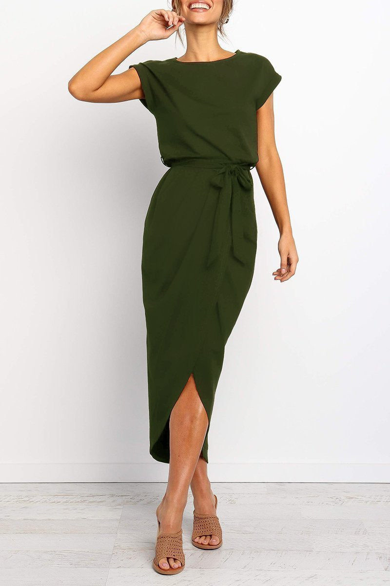 Army Green - Woman wearing a solid short sleeve midi dress with a tie waist and front slit hem