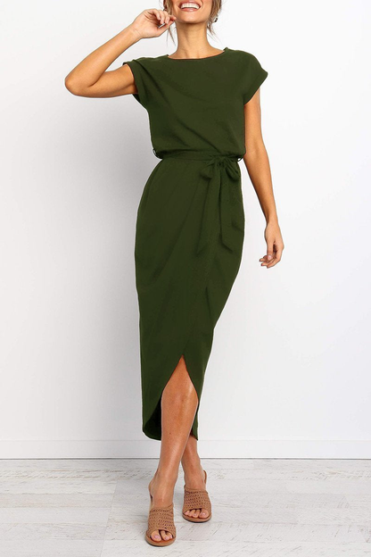 Army Green - Woman wearing a solid short sleeve midi dress with a tie waist and front slit hem