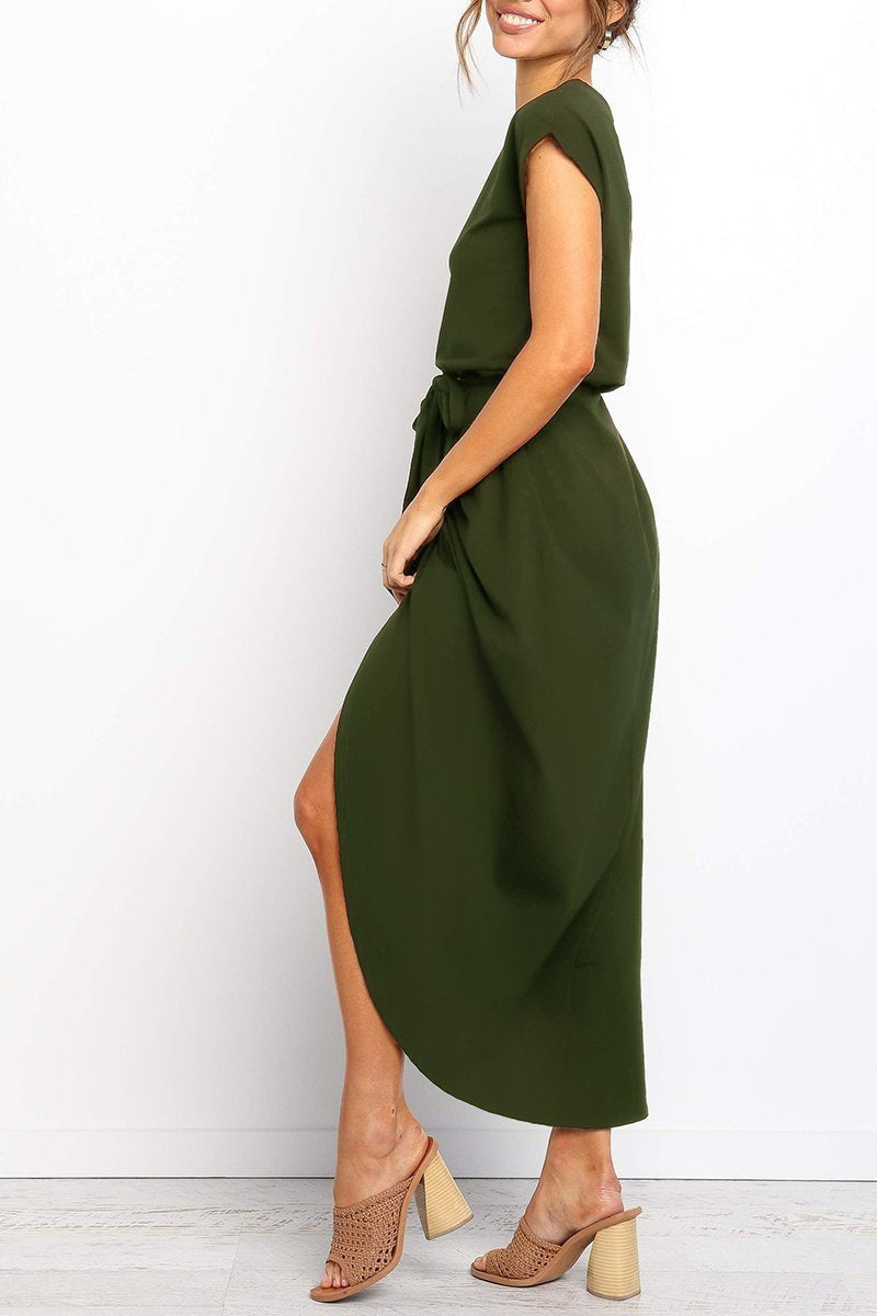 Army Green - Woman wearing a solid short sleeve midi dress with a tie waist and front slit hem