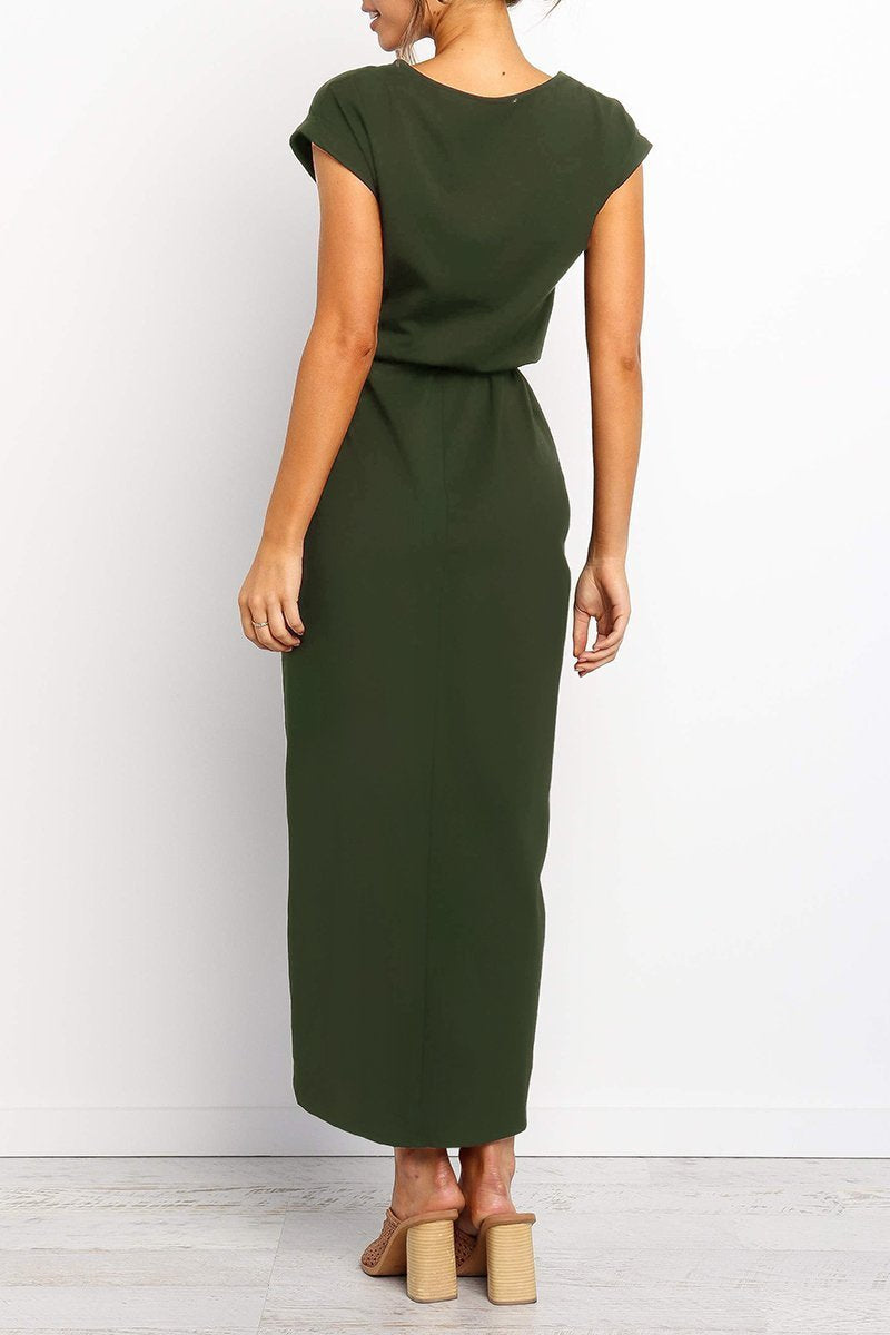 Army Green - Woman wearing a solid short sleeve midi dress with a tie waist and front slit hem