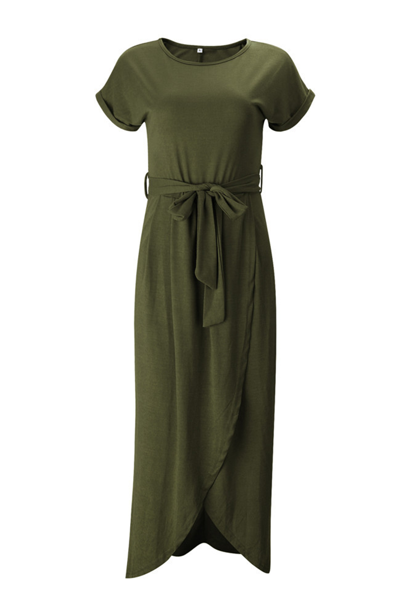 Army Green - Woman wearing a solid short sleeve midi dress with a tie waist and front slit hem
