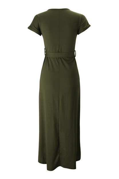 Army Green - Woman wearing a solid short sleeve midi dress with a tie waist and front slit hem
