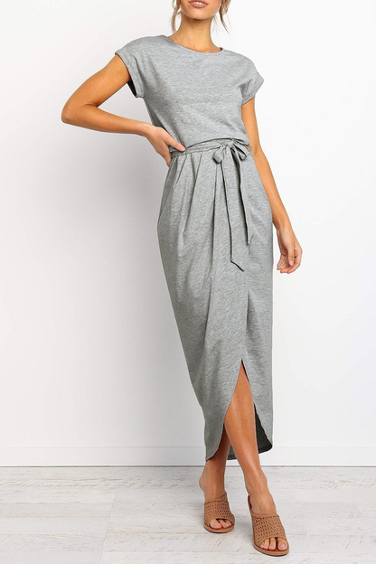 Army Green - Woman wearing a solid short sleeve midi dress with a tie waist and front slit hem