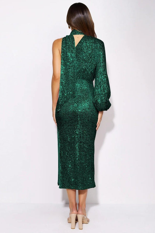 Woman in gold sequin midi dress with one sleeve