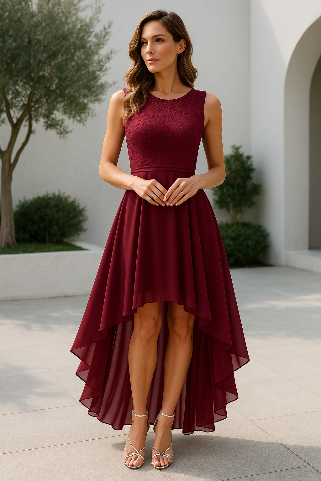 Deep Red - A woman wearing a sleeveless burgundy high-low dress with a textured lace bodice and a flowing chiffon skirt, paired with silver strappy heels.