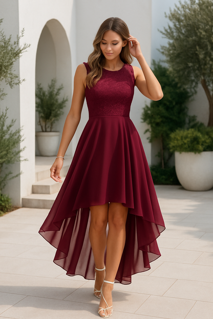 Deep Red - A woman wearing a sleeveless burgundy high-low dress with a textured lace bodice and a flowing chiffon skirt, paired with silver strappy heels.