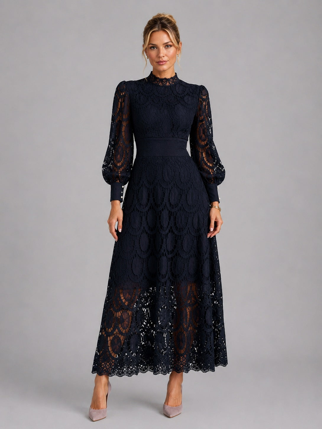Lace High Neck Midi Dress