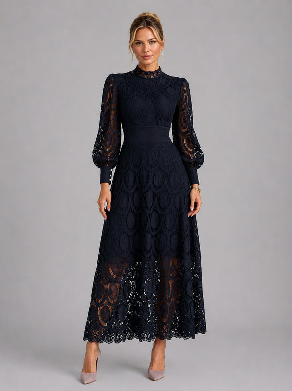 Lace High Neck Midi Dress