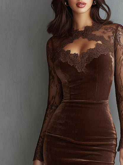 Lace Velvet Long Sleeve Midi Dress