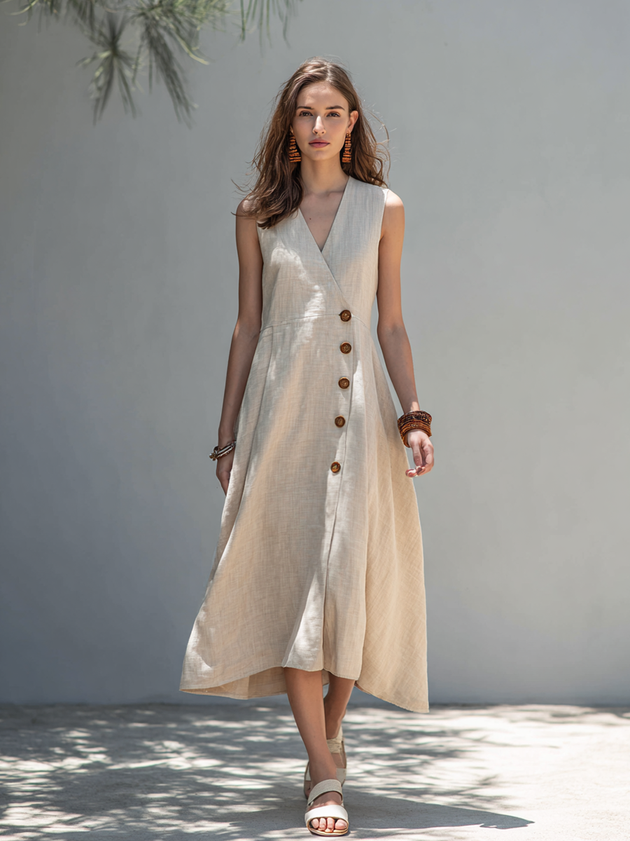 Oatmeal - Woman walking outdoors wearing a sleeveless V-neck midi dress with an asymmetrical button-front closure and sweeping hemline.