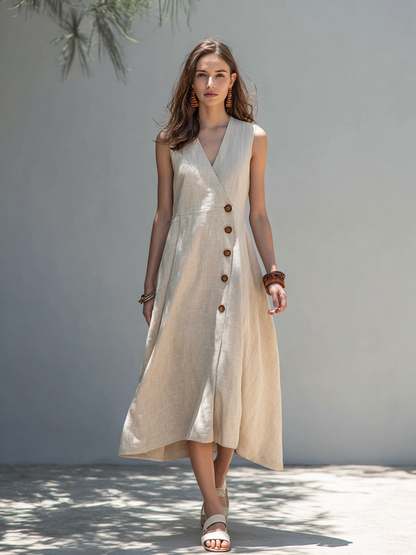 Oatmeal - Woman walking outdoors wearing a sleeveless V-neck midi dress with an asymmetrical button-front closure and sweeping hemline.