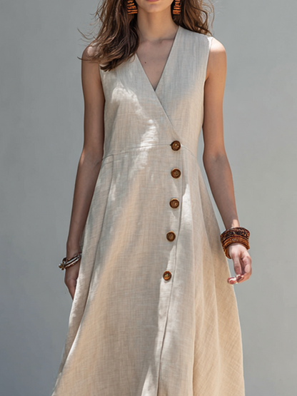 Oatmeal - Woman walking outdoors wearing a sleeveless V-neck midi dress with an asymmetrical button-front closure and sweeping hemline.
