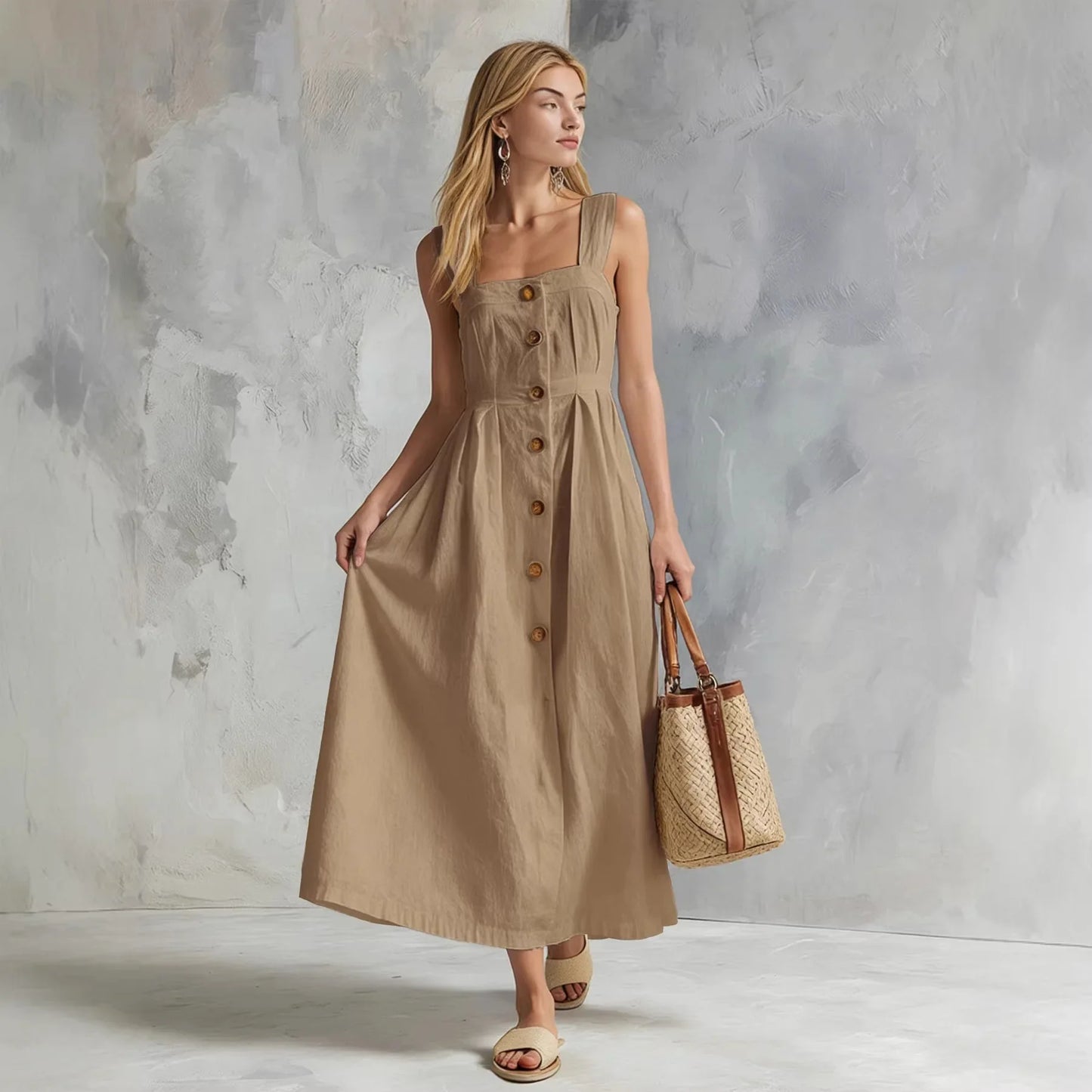 Khaki - A woman modeling a chocolate brown linen-blend midi sundress with a square neckline, wide straps, and a button-down front, holding a woven straw tote bag.