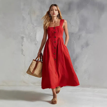 Red - A woman modeling a chocolate brown linen-blend midi sundress with a square neckline, wide straps, and a button-down front, holding a woven straw tote bag.