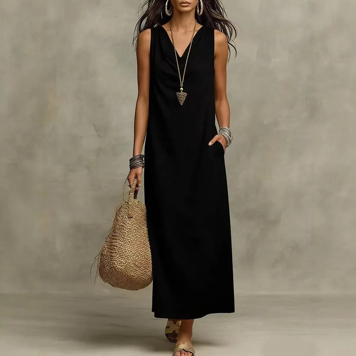 Black - A woman wearing a sleeveless, floor-length maxi sundress featuring a draped cowl neckline and side pockets, holding a woven straw tote bag