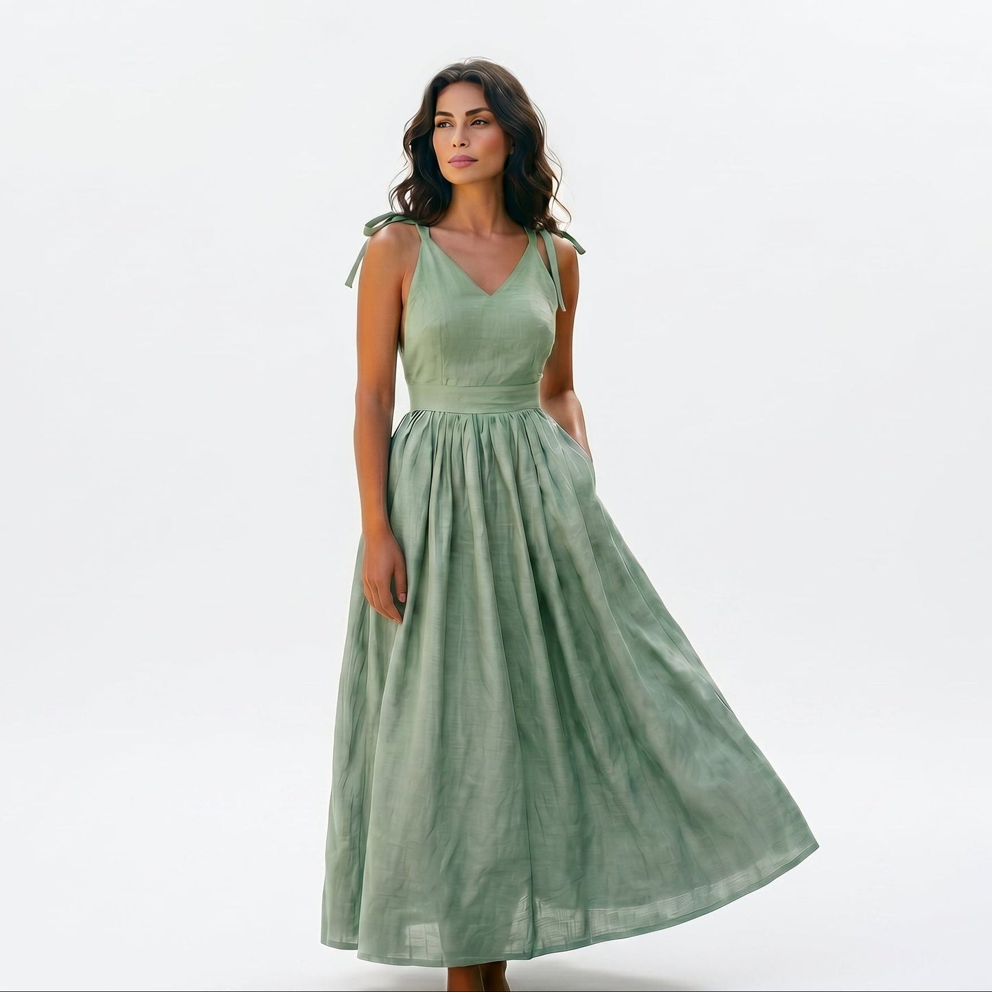 Green - Model wearing a solid woven maxi dress featuring tie-shoulder straps, a fitted waist, and a full sweeping skirt against a white studio background.