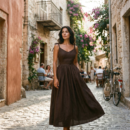 Black - Model wearing a solid woven maxi dress featuring tie-shoulder straps, a fitted waist, and a full sweeping skirt against a white studio background.