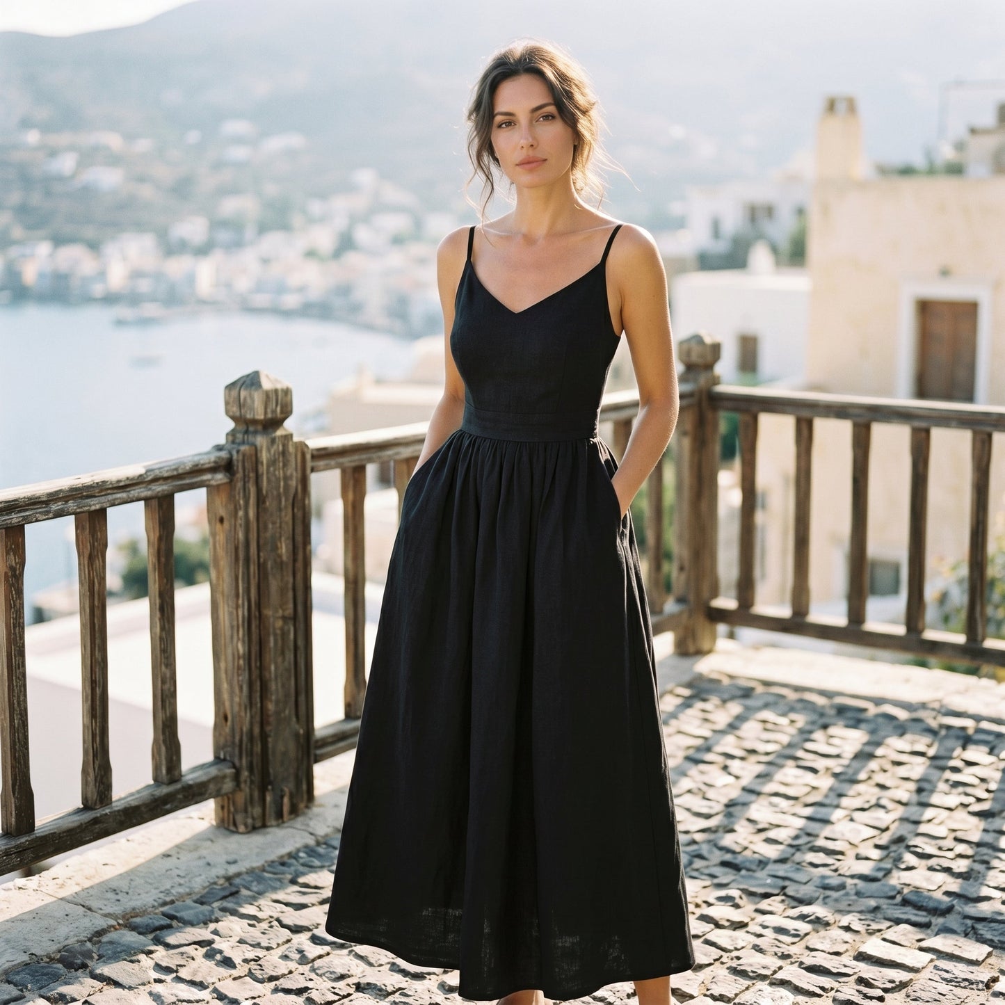 Black - Model wearing a solid woven maxi dress featuring tie-shoulder straps, a fitted waist, and a full sweeping skirt against a white studio background.