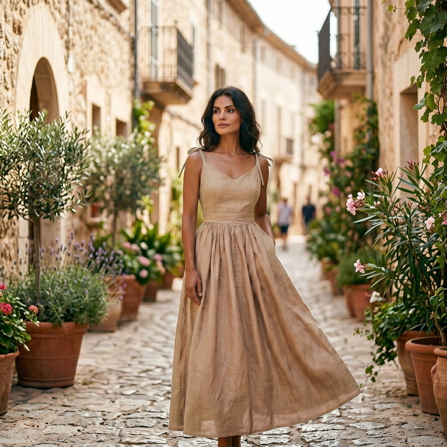 Green - Model wearing a solid woven maxi dress featuring tie-shoulder straps, a fitted waist, and a full sweeping skirt against a white studio background.