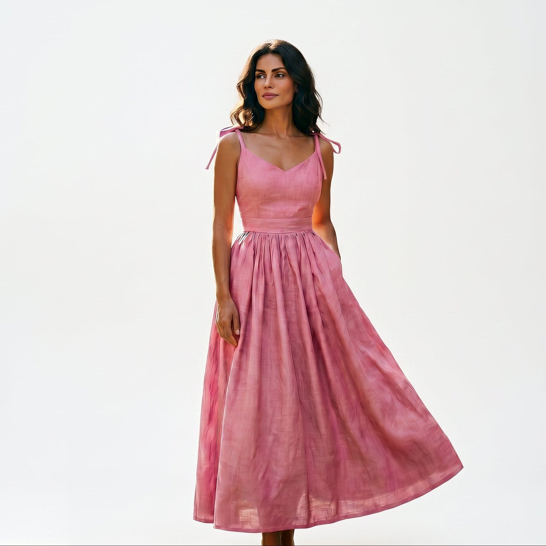 Pink - Model wearing a solid woven maxi dress featuring tie-shoulder straps, a fitted waist, and a full sweeping skirt against a white studio background.