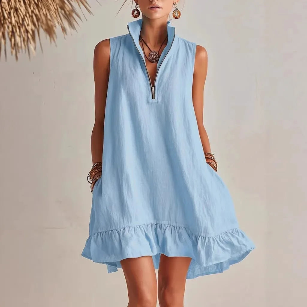Sky Blue - Women's sleeveless A-line mini dress in a textured fabric featuring a high neck with a half-zip closure, side pockets, and a ruffle hem