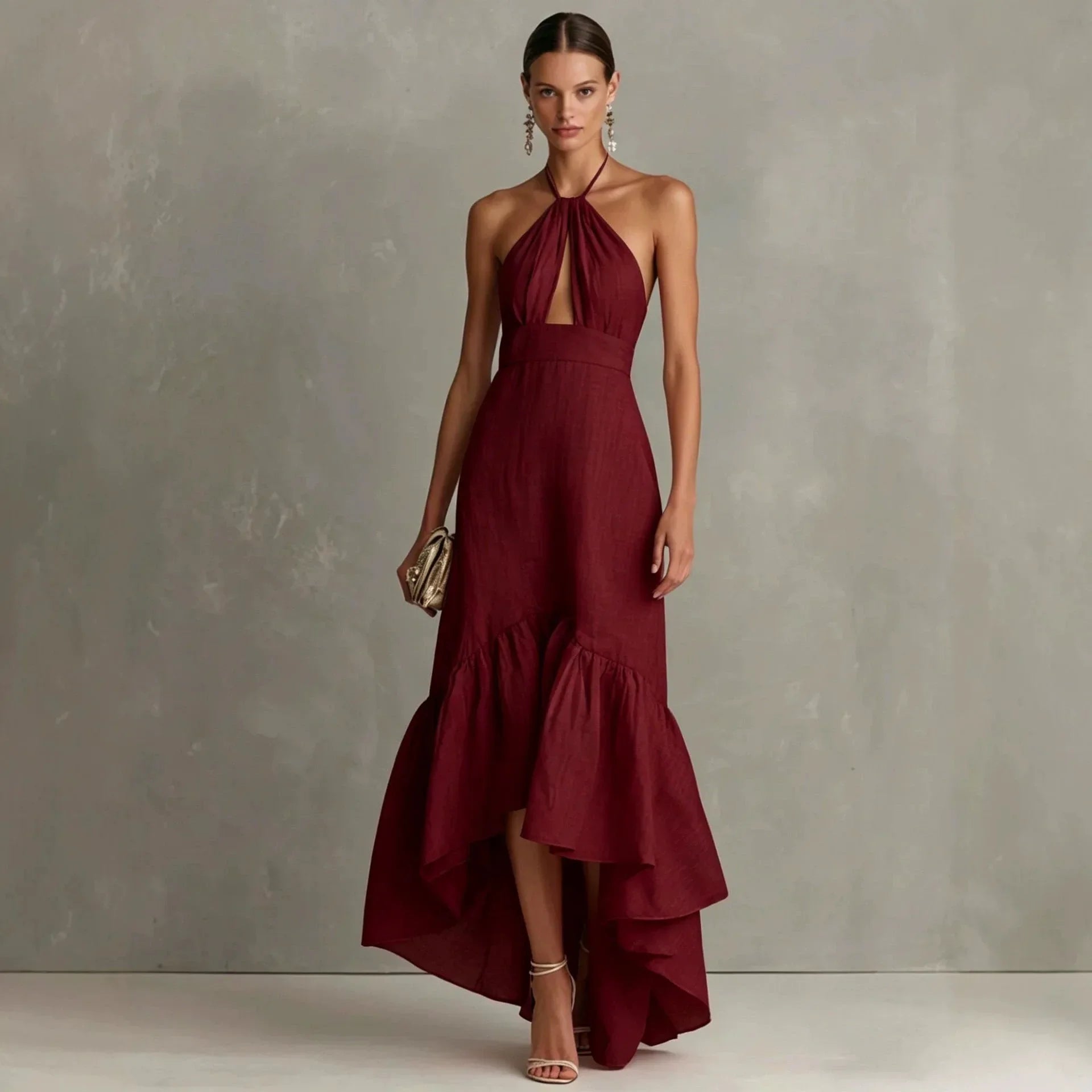 red linen halter dress Blend Neck Keyhole Ruffled High Low Maxi Color:Natural/Dusty Blue and a statement back Metal Tip Shoes Shop Semi Annual Sale