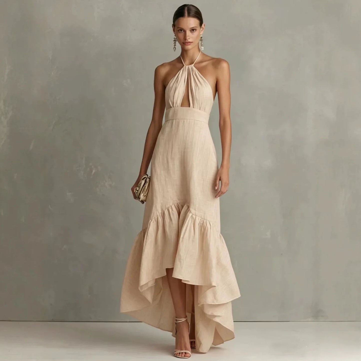 Apricot - A woman wearing a black linen-blend halter neck maxi dress with a front keyhole cutout, a fitted waist, and a dramatic ruffled high-low hemline.
