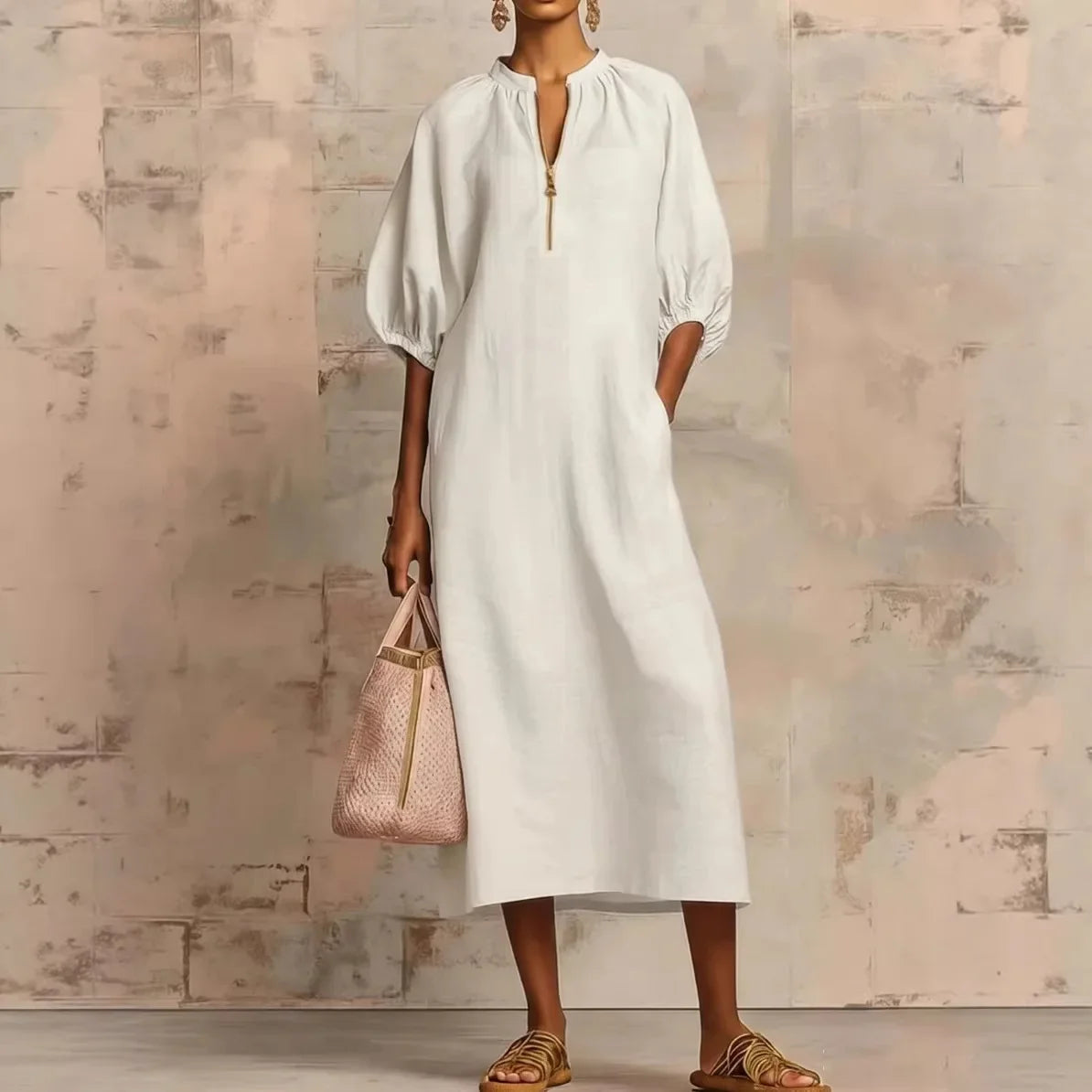 White - Woman wearing a loose-fitting linen midi dress with puff sleeves and a zip front neckline