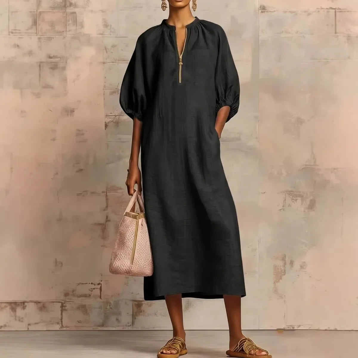 Black - Woman wearing a loose-fitting linen midi dress with puff sleeves and a zip front neckline