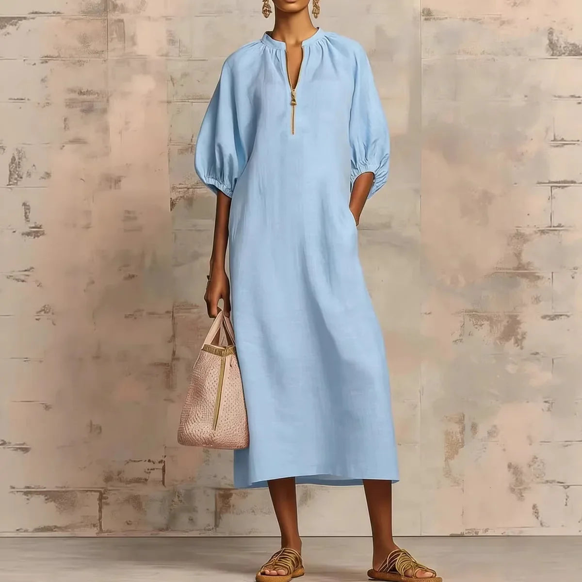 Sky Blue - Woman wearing a loose-fitting linen midi dress with puff sleeves and a zip front neckline