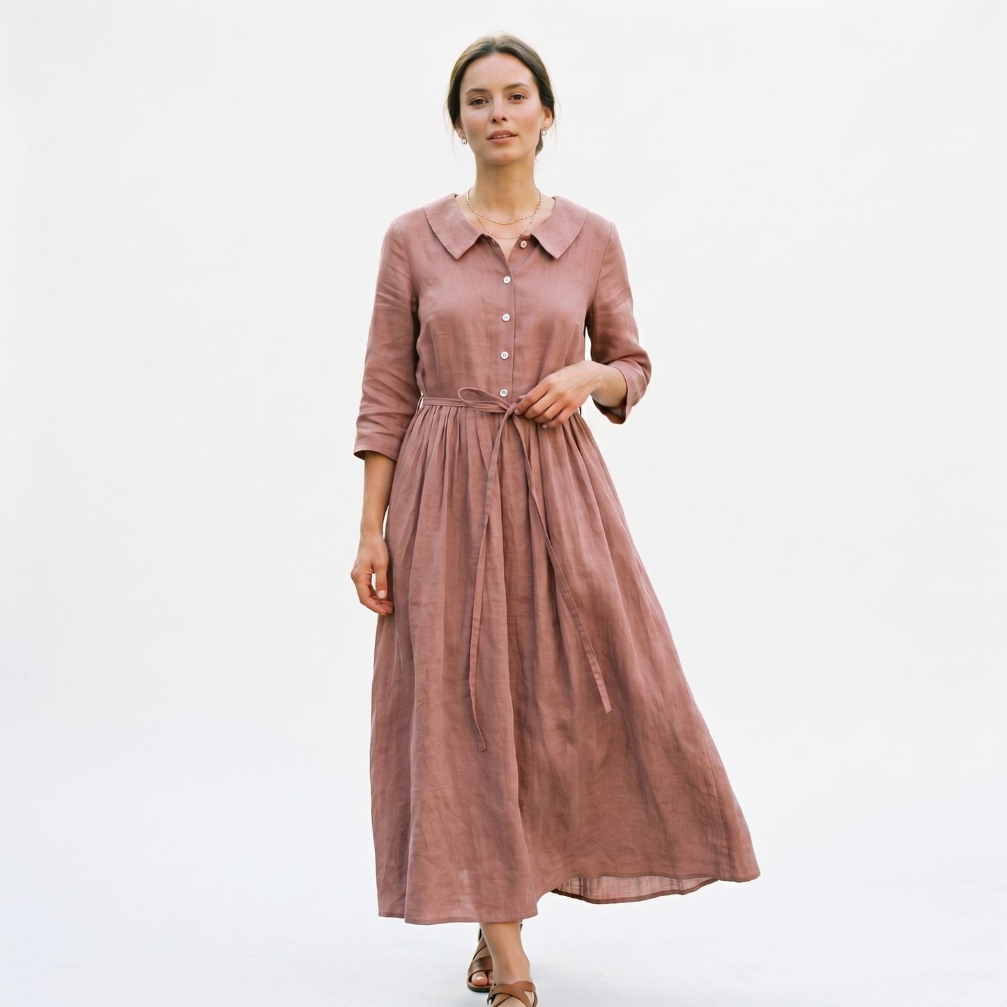 Light Brown - Model wearing a relaxed collared midi shirtdress with a front button placket, three-quarter sleeves, and an adjustable waist tie.