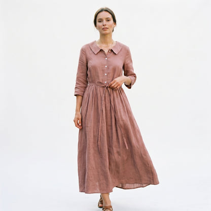 Light Brown - Model wearing a relaxed collared midi shirtdress with a front button placket, three-quarter sleeves, and an adjustable waist tie.