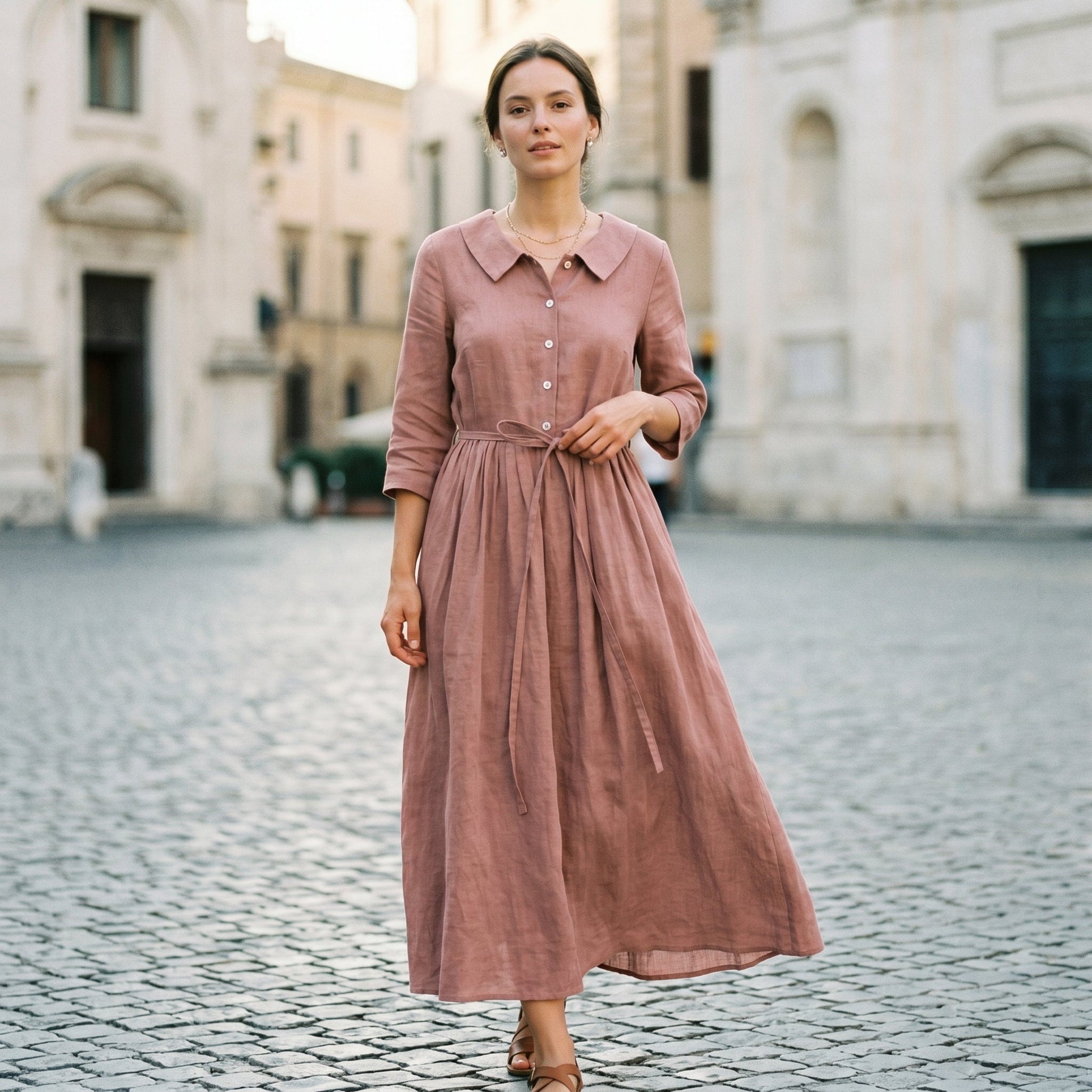Light Brown - Model wearing a relaxed collared midi shirtdress with a front button placket, three-quarter sleeves, and an adjustable waist tie.