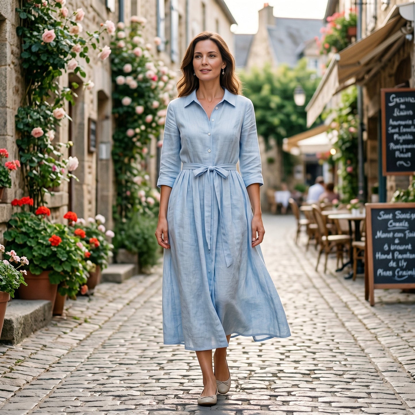 Light Brown - Model wearing a relaxed collared midi shirtdress with a front button placket, three-quarter sleeves, and an adjustable waist tie.