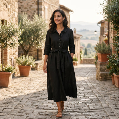 Light Brown - Model wearing a relaxed collared midi shirtdress with a front button placket, three-quarter sleeves, and an adjustable waist tie.