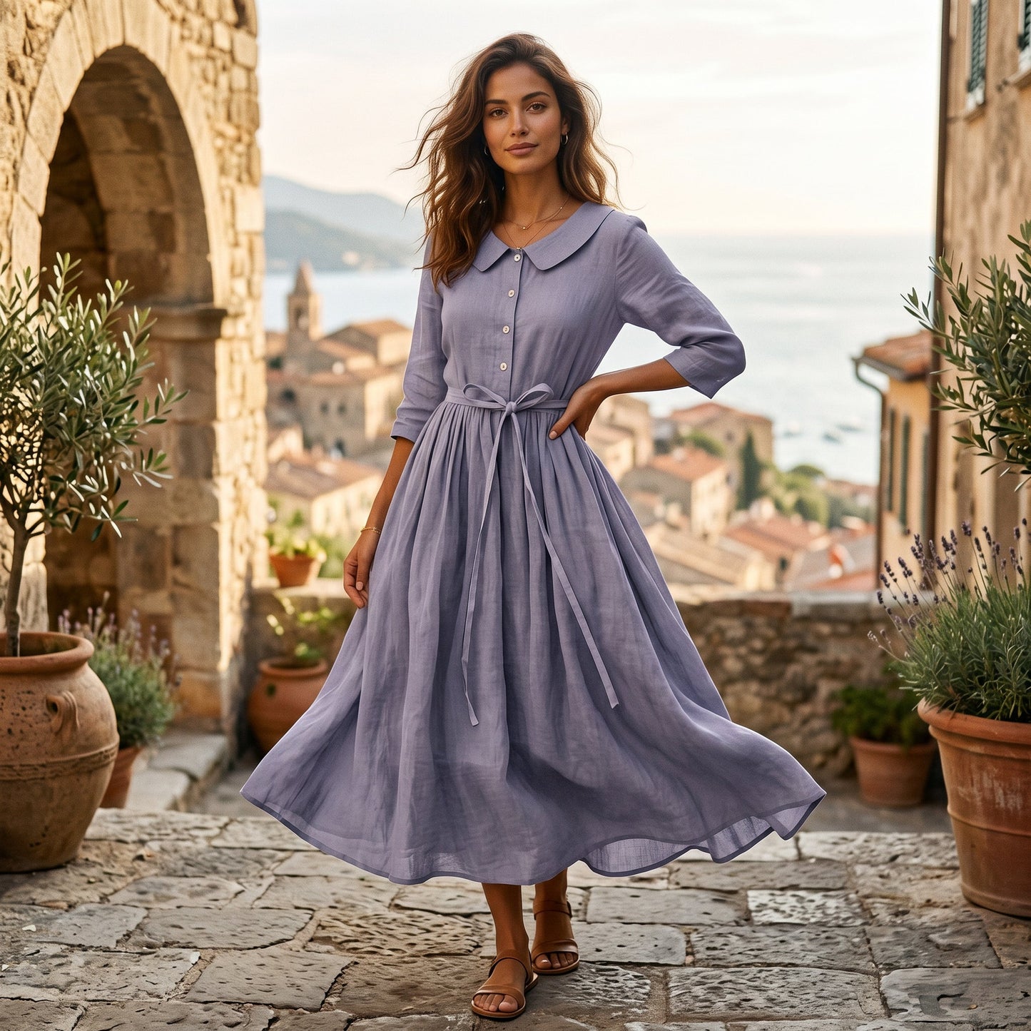 Light Brown - Model wearing a relaxed collared midi shirtdress with a front button placket, three-quarter sleeves, and an adjustable waist tie.