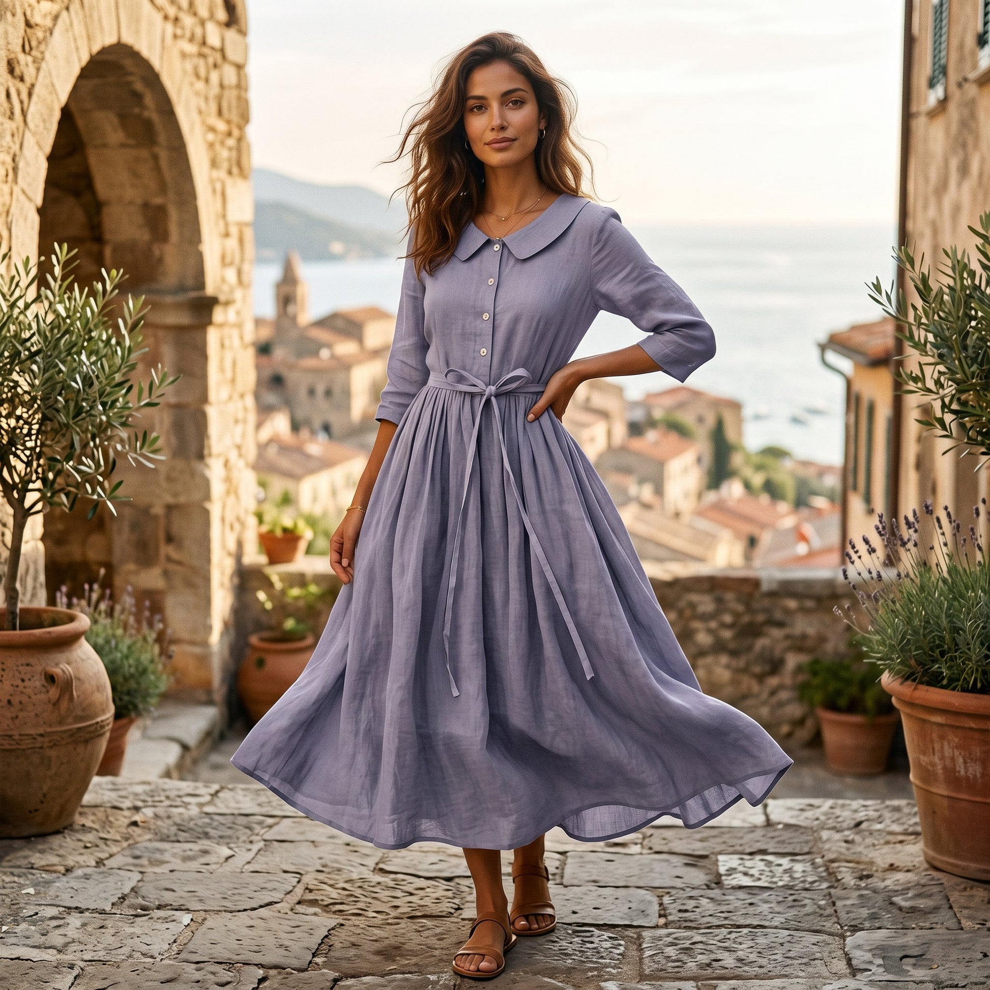Light Brown - Model wearing a relaxed collared midi shirtdress with a front button placket, three-quarter sleeves, and an adjustable waist tie.