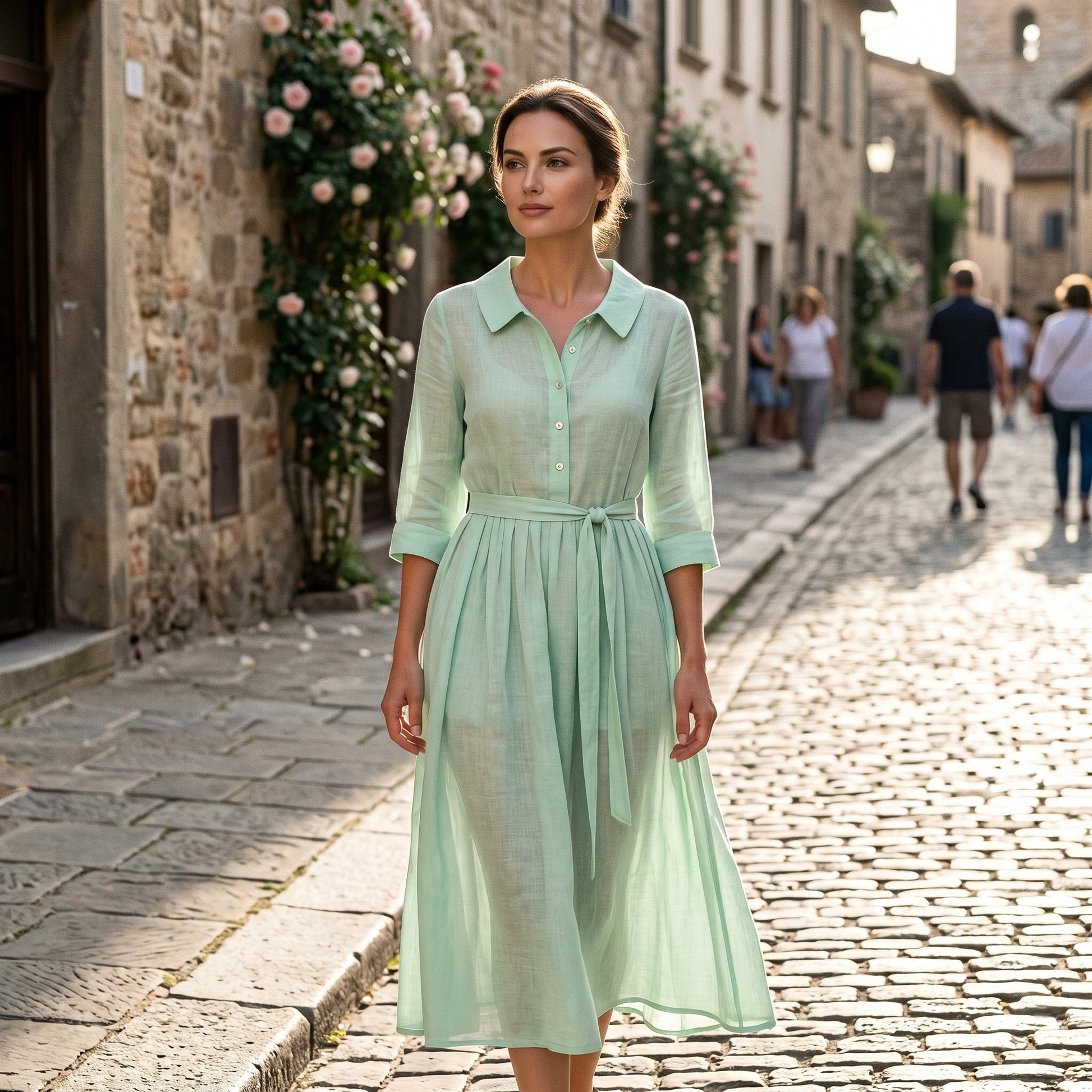 Light Brown - Model wearing a relaxed collared midi shirtdress with a front button placket, three-quarter sleeves, and an adjustable waist tie.