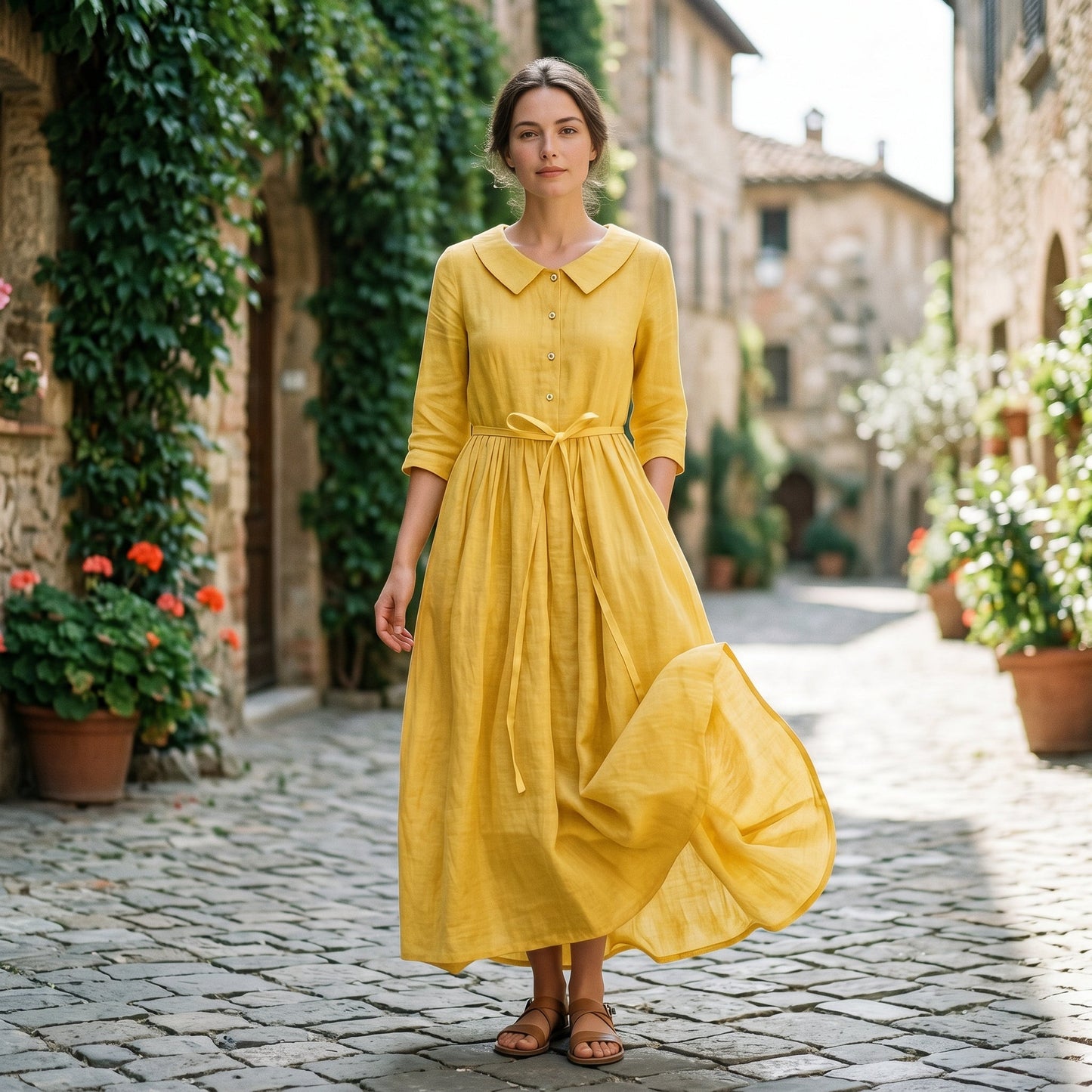 Light Brown - Model wearing a relaxed collared midi shirtdress with a front button placket, three-quarter sleeves, and an adjustable waist tie.