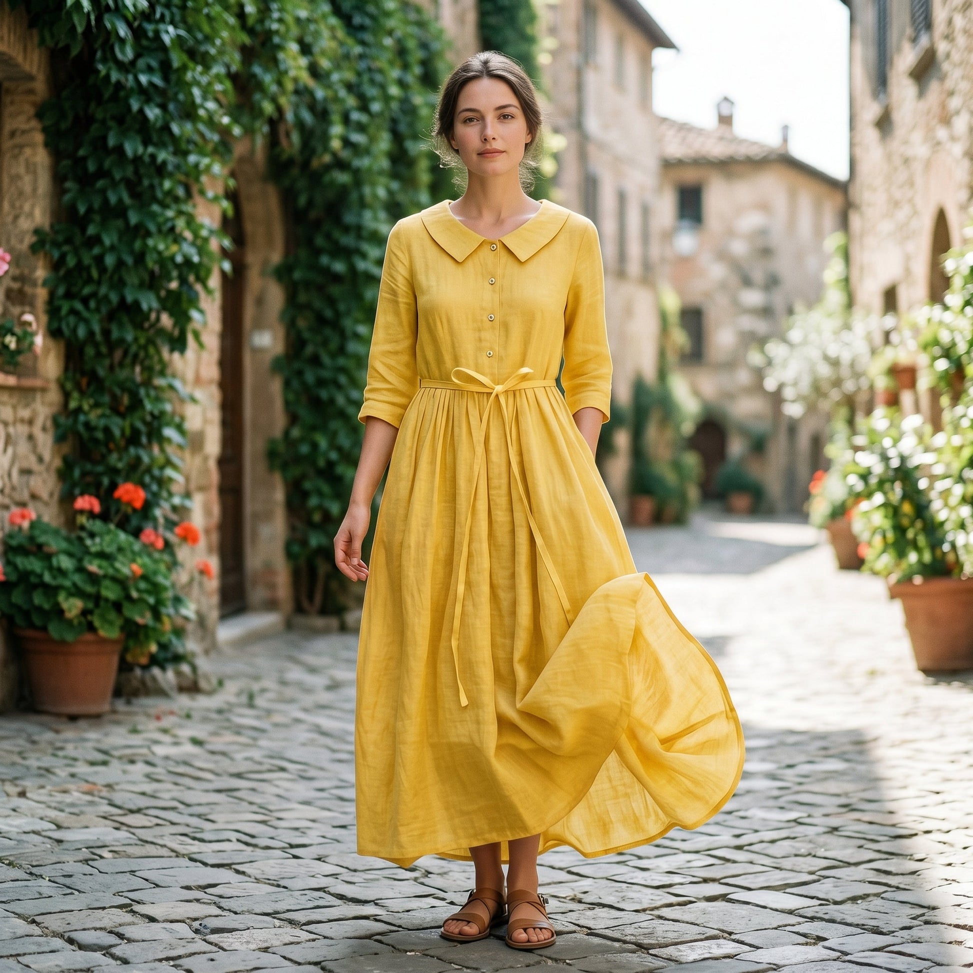 Light Brown - Model wearing a relaxed collared midi shirtdress with a front button placket, three-quarter sleeves, and an adjustable waist tie.