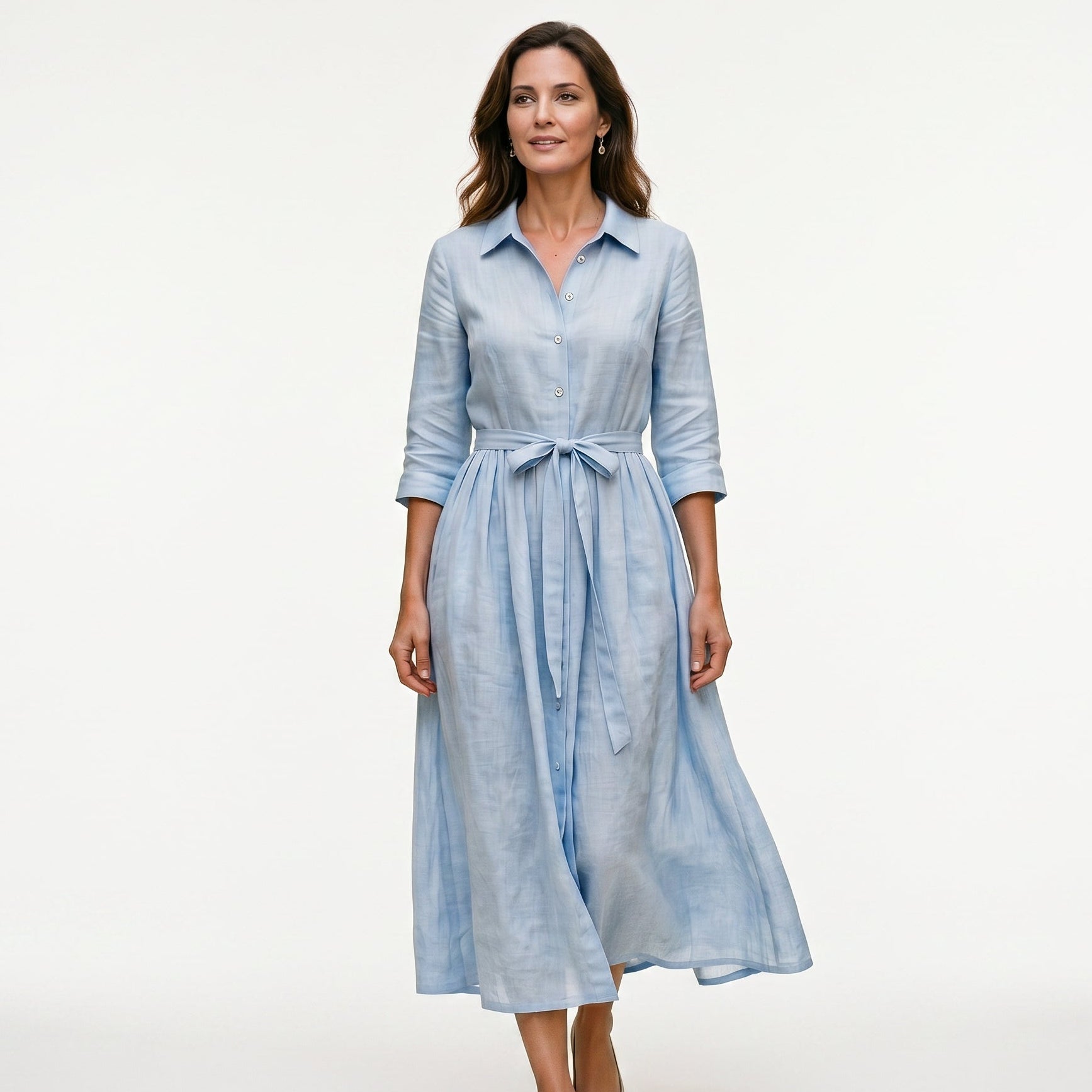Sky Blue - Model wearing a relaxed collared midi shirtdress with a front button placket, three-quarter sleeves, and an adjustable waist tie.