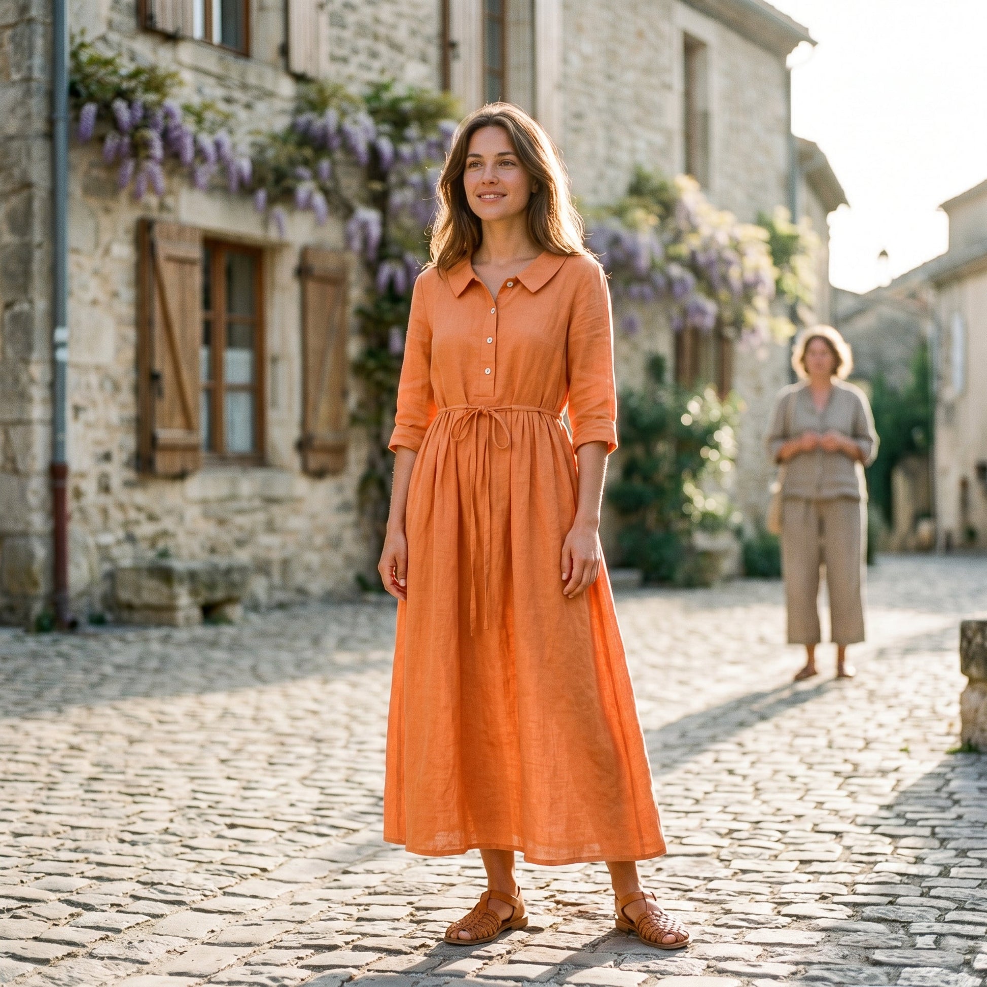 Light Brown - Model wearing a relaxed collared midi shirtdress with a front button placket, three-quarter sleeves, and an adjustable waist tie.
