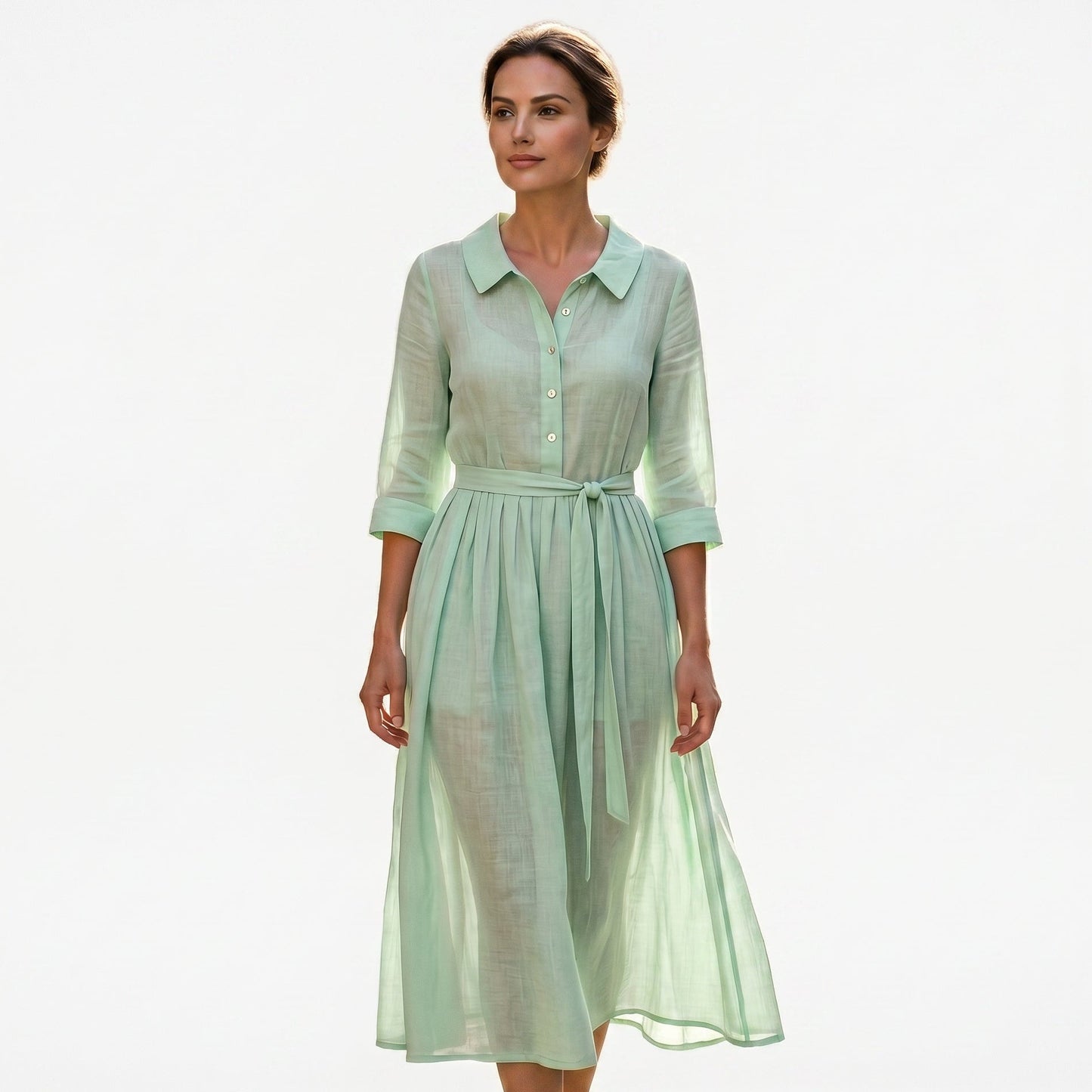 Light Green - Model wearing a relaxed collared midi shirtdress with a front button placket, three-quarter sleeves, and an adjustable waist tie.