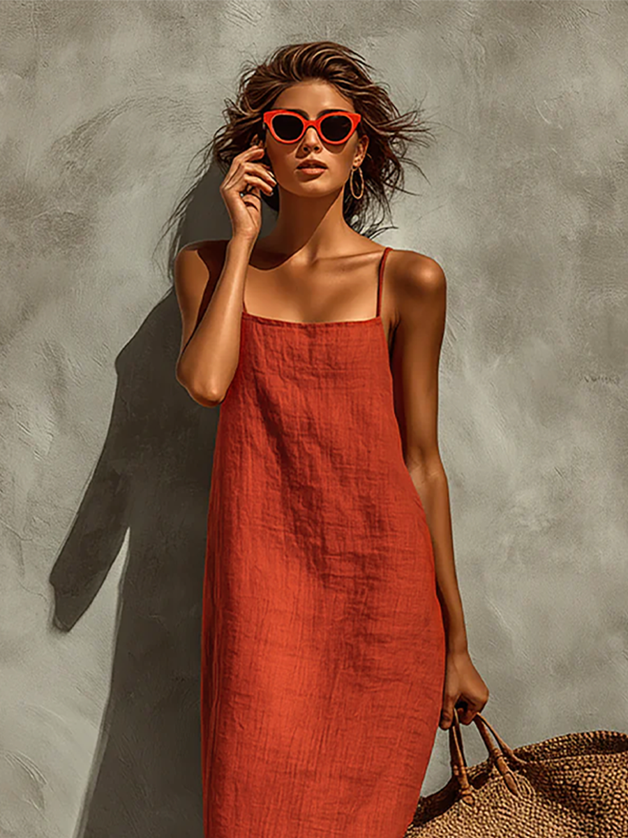 Red - Woman wearing a textured, relaxed-fit spaghetti strap maxi dress, holding a large woven tote bag against a concrete wall.