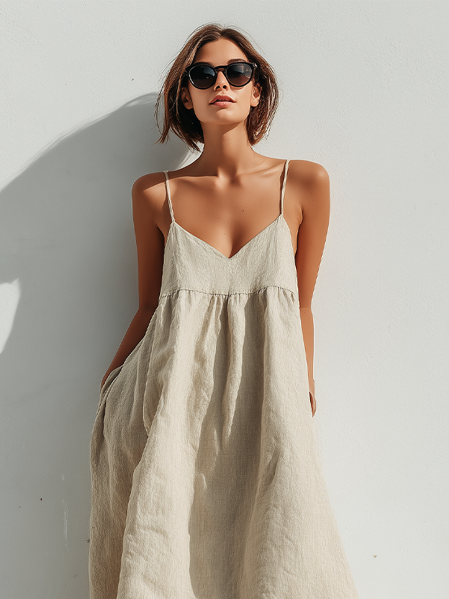 Beige - Model wearing an oversized woven maxi dress with spaghetti straps, a V-neckline, and side pockets, standing outdoors in bright sunlight.