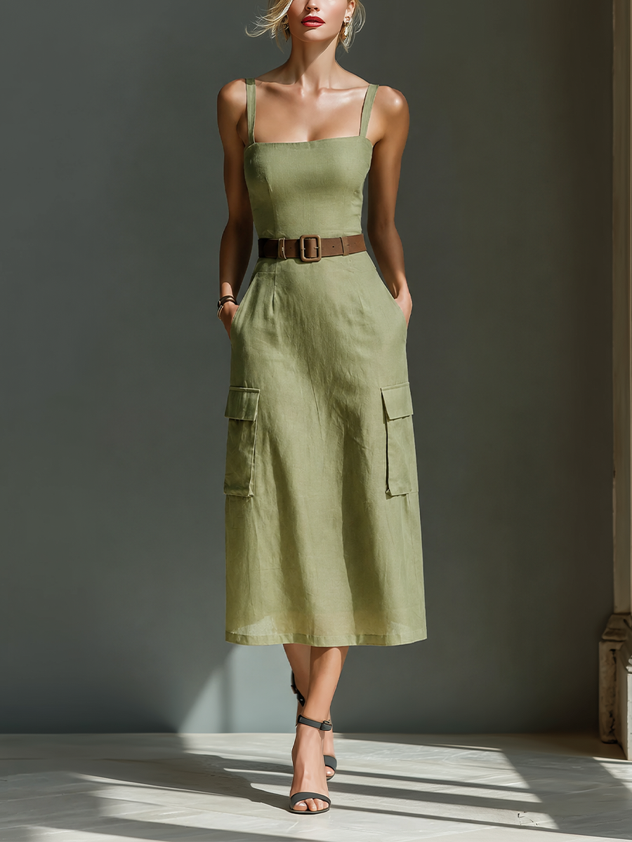Olive Green - Model wearing a sleeveless square-neck midi dress with a fitted bodice, belted waist, and large cargo pockets on the skirt, styled with strappy heels.