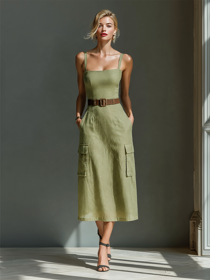 Olive Green - Model wearing a sleeveless square-neck midi dress with a fitted bodice, belted waist, and large cargo pockets on the skirt, styled with strappy heels.