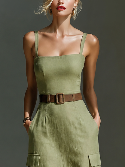 Olive Green - Model wearing a sleeveless square-neck midi dress with a fitted bodice, belted waist, and large cargo pockets on the skirt, styled with strappy heels.