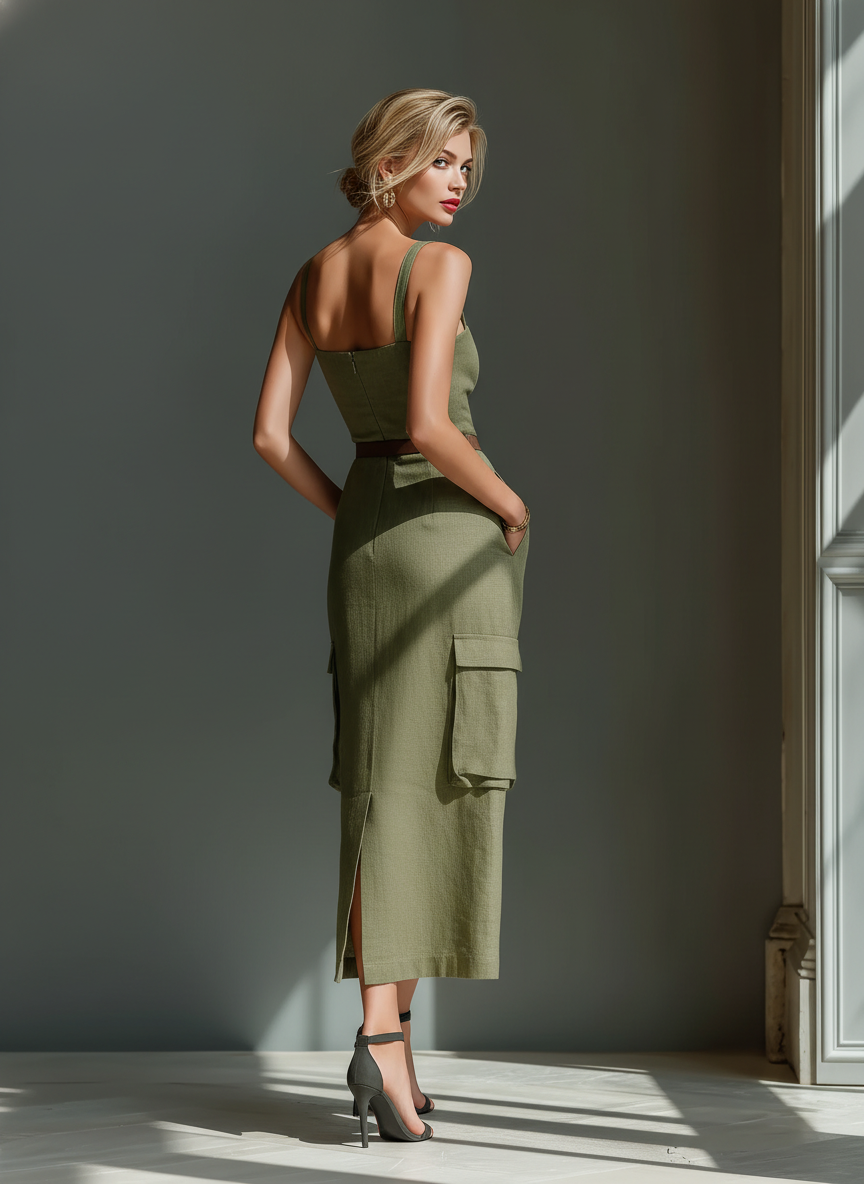 Olive Green - Model wearing a sleeveless square-neck midi dress with a fitted bodice, belted waist, and large cargo pockets on the skirt, styled with strappy heels.