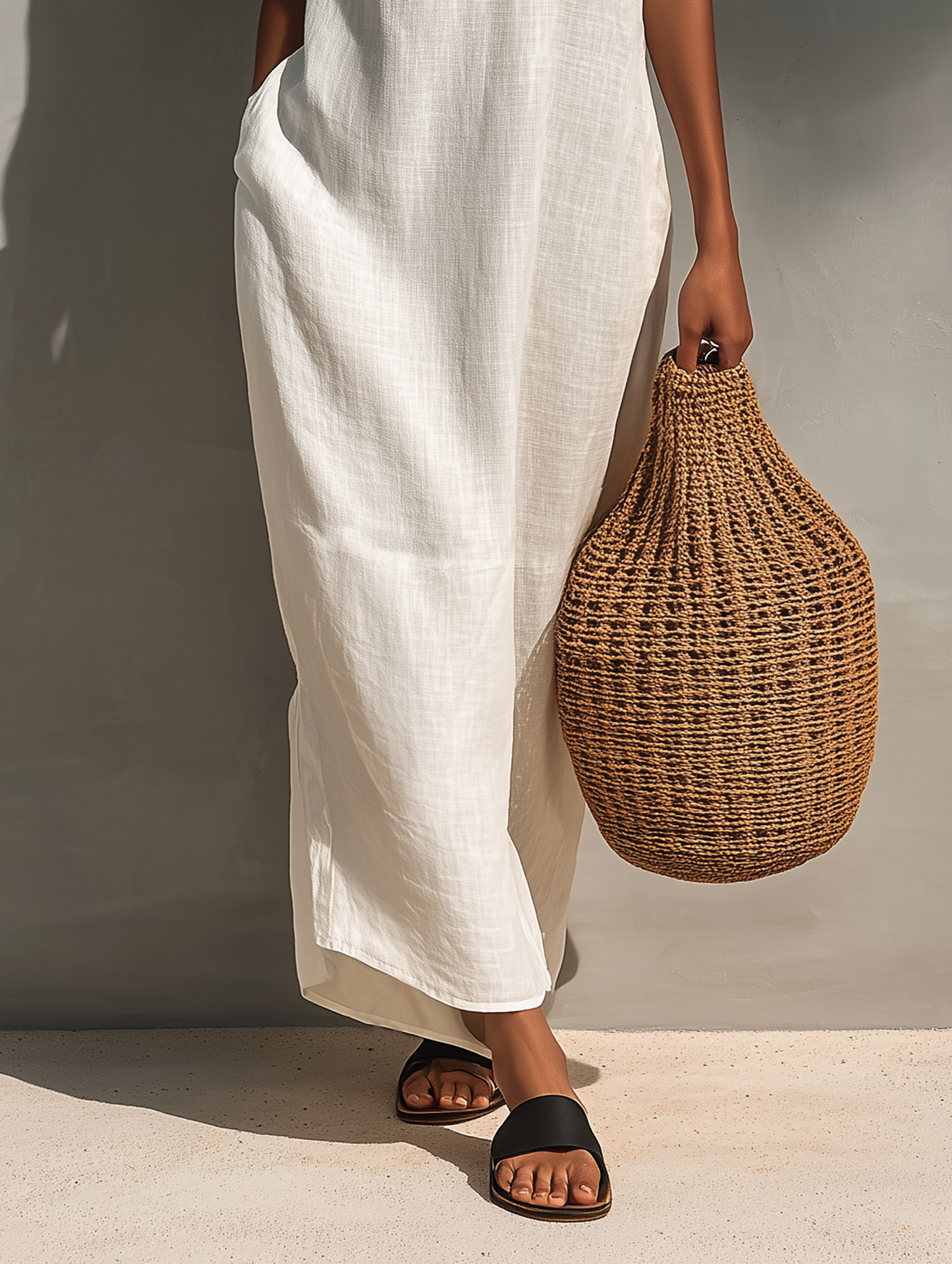 Woman modeling a sleeveless relaxed maxi dress featuring a textured V-neckline and fluid drape, carrying a large woven basket bag.